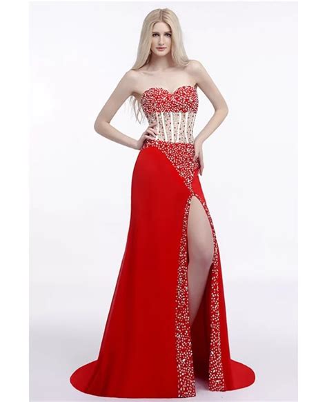 Sparkly Sequined Slit Prom Dress Strapless Red For Women H76071