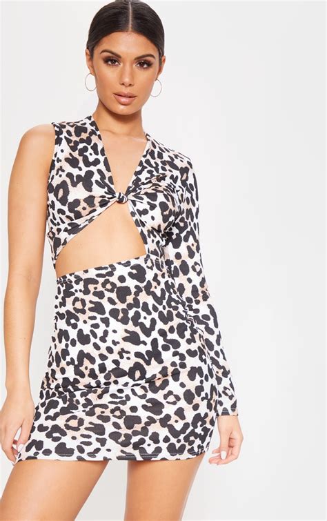 Tan Leopard Asymmetric Knot Bodycon Dress Prettylittlething