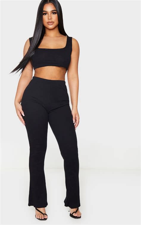 Petite Black Ribbed Wide Leg High Waisted Trouser Prettylittlething