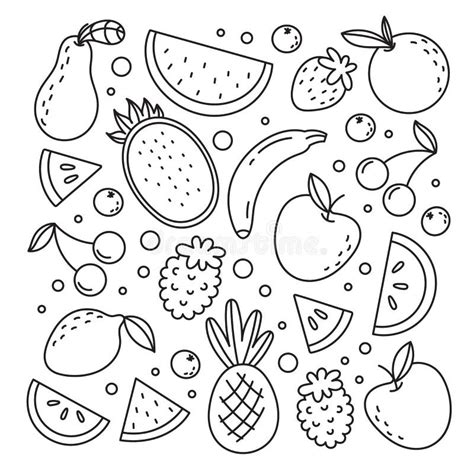 A Set Of Illustrations Of Tropical Exotic Fruits In The Style Of Doodle