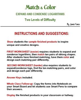This algebra 2 properties of logarithms worksheet will give you logarithmic expressions to condense and expand. Logarithms: Expand and Condense Match and Color Activity ...
