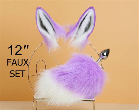 Light Purple White Bunny Tail Plug And Ear Set Rabbit Tail Butt Plug
