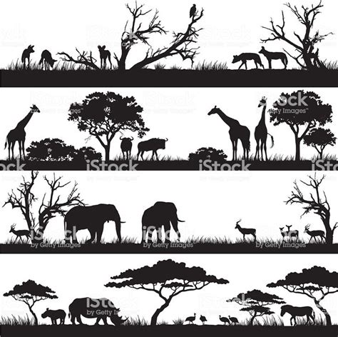 Four Panels Of African Silhouettes With African Wild Animals In L