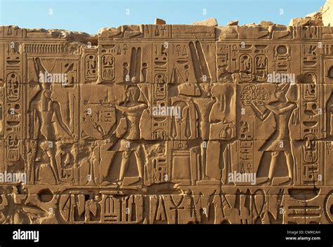 Wall Reliefs With Hieroglyphs Precinct Of Amun Re Karnak Temple Stock