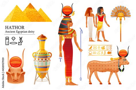 Hathor Egyptian Goddess Pharaoh Icon Set Sky Deity With Sun Cow Horn Ancient Egyptian God Of