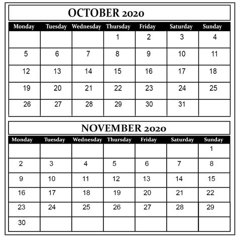 October And November 2020 Free Printable Calendar