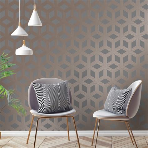Hexa Geometric Wallpaper In Charcoal And Rose Gold Дизайн интерьера