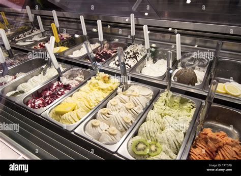 Various Flavors Of Gelato Icecream At The Showcase Display In Dessert