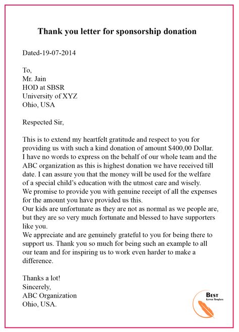 Thank You Letter Template For Sponsorship Sample And Examples