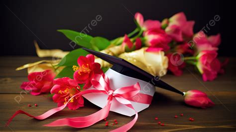 Graduation Cap And Some Pink Flowers Background Wallpaper