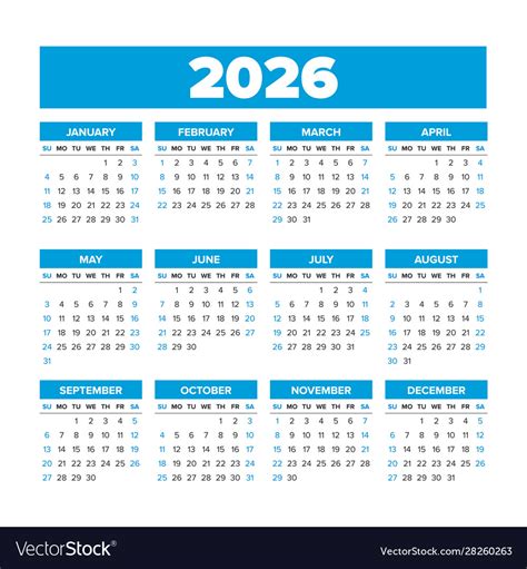 Simple Calendar 2026 Weeks Start On Sunday Vector Image