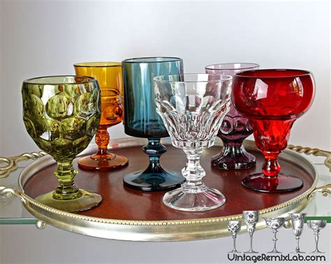 Mismatched Vintage Colorful Water And Wine Goblets Rainbow Etsy Vintage Goblets Retro
