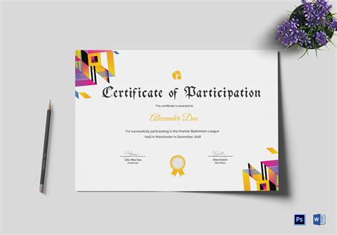 Badminton Participation Certificate Design Template In Word Psd