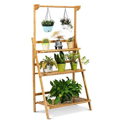 Costway 3 Tier Contemporary Bamboo Hanging Folding Plant Shelf Stand In
