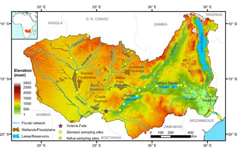 Where in the world is zambia? Map of the Zambezi Basin showing elevation, wetlands and floodplains... | Download Scientific ...