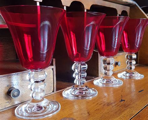 Rb1 3 Bell Shaped Clear Stemmed Large Ruby Red Goblets Wine Etsy