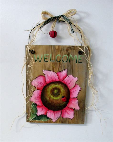 Pink Flower Welcome Sign Hand Painted On Reclaimed Barn Wood