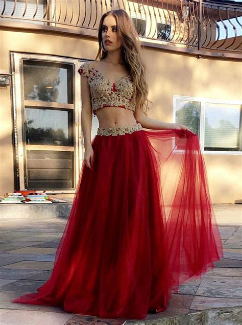 Red Two Piece Sexy Prom Dresstulle Long Prom Dress With Appliquestre