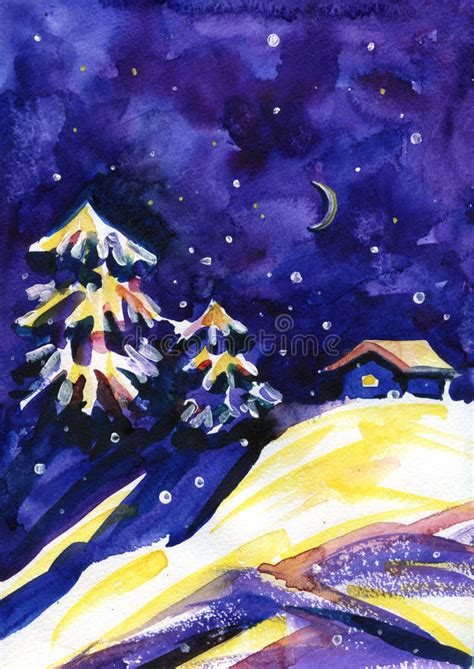 Winter Time Watercolor Night Background House Stars And Moonin The