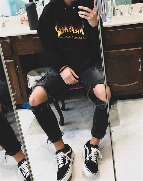 Basic Fit With Black And White Old Schools Black Ripped Jeans And Black Thrasher Hoodie Skater
