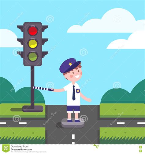 Traffic Officer Cop Kid Working On Road Crossing Stock Vector