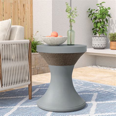 Cosiest Outdoor Grey Hourglass Shaped Concrete Accent Side Table W Hemp