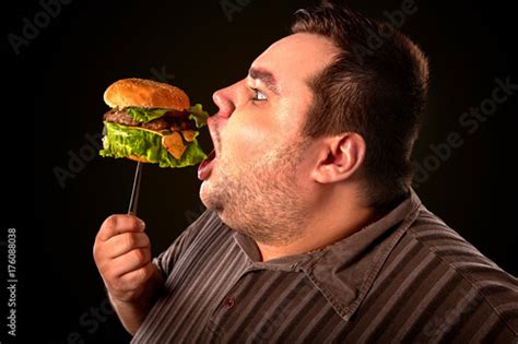 Diet Failure Of Fat Man Eating Fast Food Happy Smile Overweight