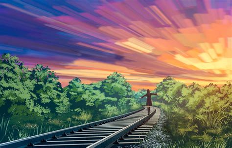 Anime Girl Walking On A Railroad Track Fondo De Pantalla Hd Fondo De