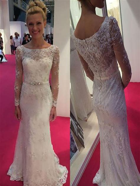 Etui linie brautkleid silhouette hochzeitskleider im. Etui-Linie U-Ausschnitt Lange Ärmel Spitze Chiffon ...