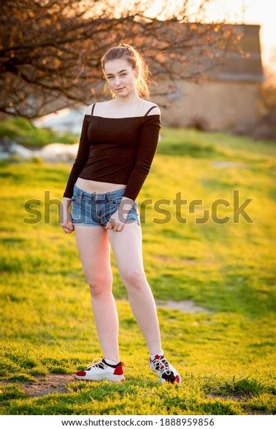 Fitness Girl Short Shorts Stands On Stock Photo 1888959856 Shutterstock