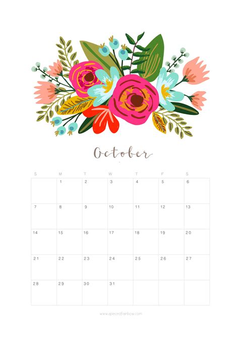 Printable October 2018 Calendar Monthly Planner Floral Design A