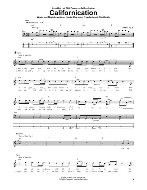 Californication Sheet Music Red Hot Chili Peppers Bass Guitar Tab