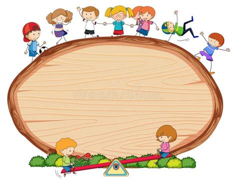 Blank Wooden Board In Oval Shape With Kids Doodle Cartoon Character