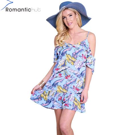 Romantichut Off Shoulder Strap Backless Sexy Floral Print Dress Women Dresses Ruffles Mini Beach