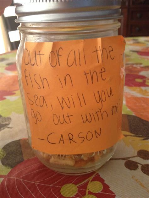 Wondering how to ask someone out for prom, homecoming dance, or just on a date night? Cute way to ask a girl out-jar filled with goldfish | Asking a girl out, Girlfriend proposal ...