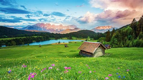 Cabins In The Austrian Alps Lake Wildflowers Clouds Landscape