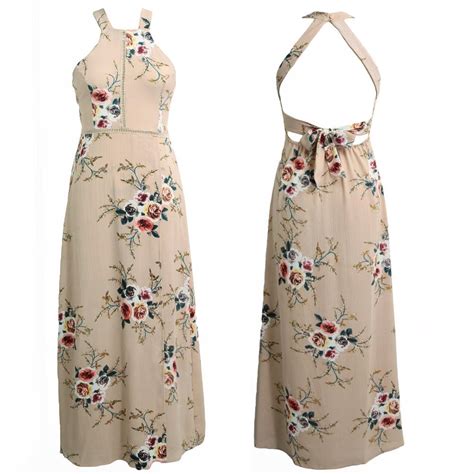 Women Halter Neck Chiffon Dress Floral Print Sleeveless Split Backless