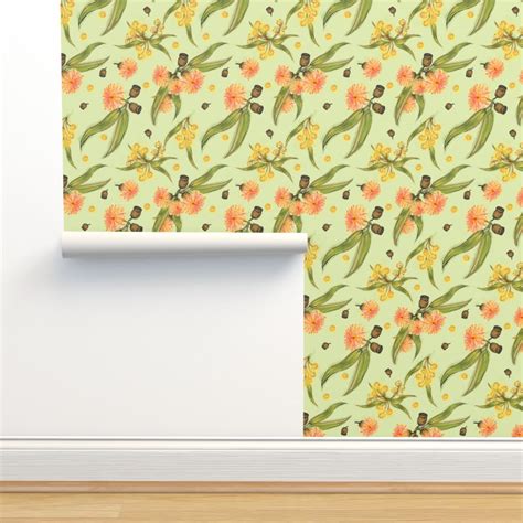 Gum Nut And Wattle Blossom On Sage Wallpaper Spoonflower