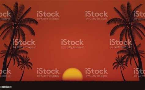 Silhouette Palm Tree On Beach Under Sunset Sky Background Stock