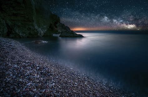 Download Horizon Sea Ocean Beach Night Milky Way Nature Sky Hd Wallpaper