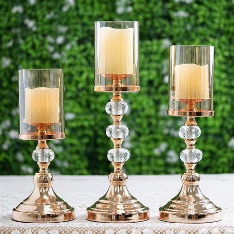 Set Of 3 Gold Metal Pillar Candle Holders With Hurricane Glass Tubes