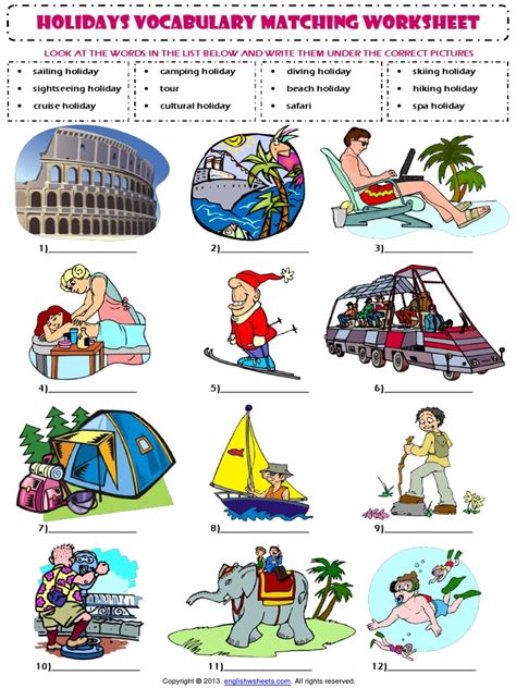 Types Of Holidays Vocabulary Matching Exercise Worksheet