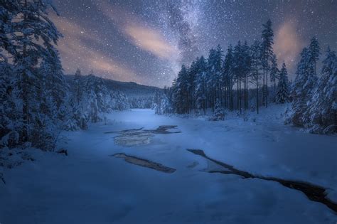 Download Starry Sky Night Sky River Snow Forest Nature Winter Hd