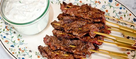 · these skirt steak tacos are perfect for taco tuesday! Skirt Steak Skewers With Blue Cheese Dip - Food Republic