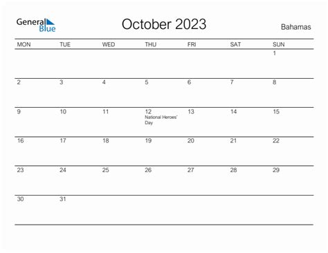 October 2023 Bahamas Monthly Calendar With Holidays