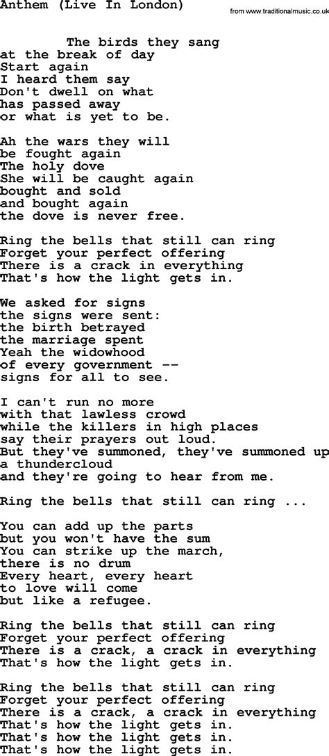 Leonard Cohen Song Anthemlive Lyrics