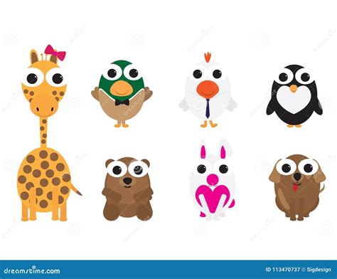 Set Of Cute Vector Cartoon Animals With Big Eyes Stock Vector