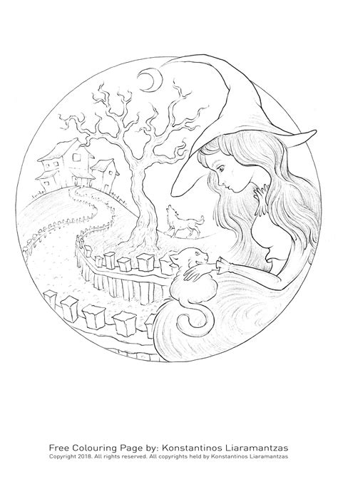 Halloween coloring page with a cat standing on a pumpkin. Witch and cat - Halloween Adult Coloring Pages