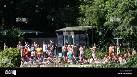 People Enjoy The Hot Summer Weather With A Swim In The Mixed Pond On Hampstead Heath Featuring