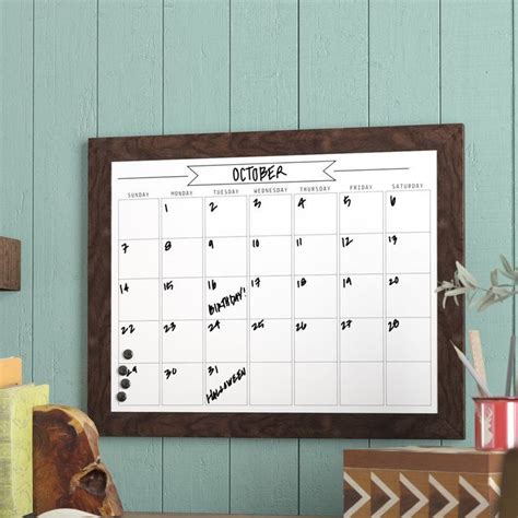 Framed Monthly Write On Calendar Magnetic Wall Mounted Dry Erase Board